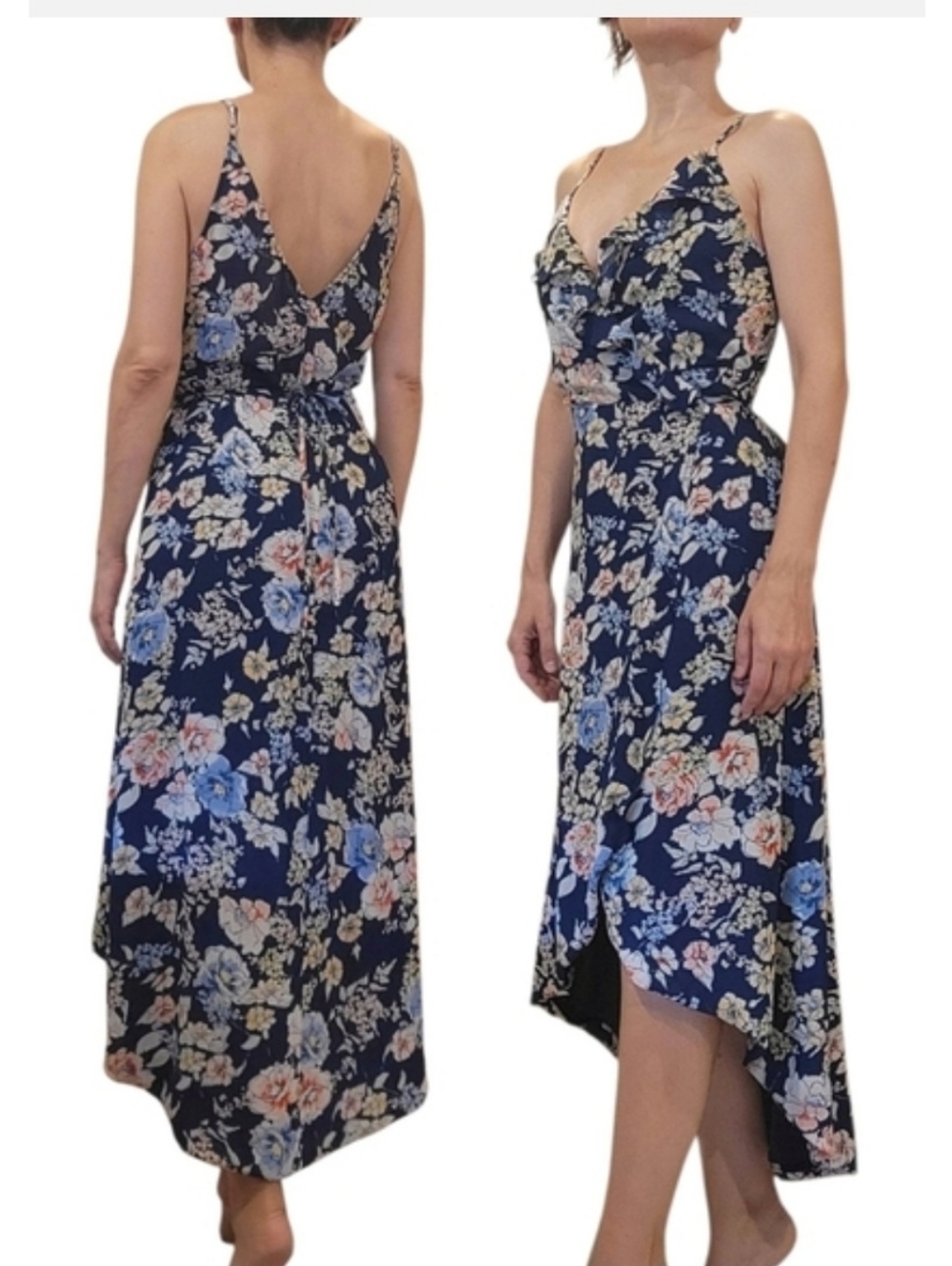 Blue Floral Wrap Dress Ruffles Spaghetti Straps Sz.M
